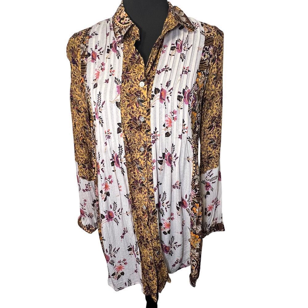 Jane & Delancy ladies size S longsleeve boho paisley Chic oyster shell button‎